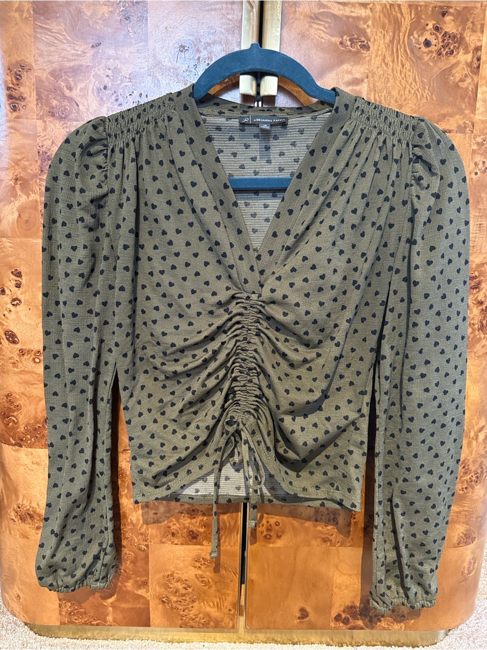 Adrianna Papell Olive Green Top with Black Heart Print